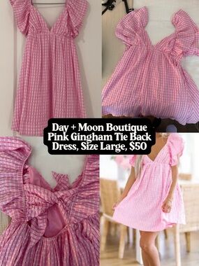 Day + Moon Boutique Pink Gingham Tie-Back Dress